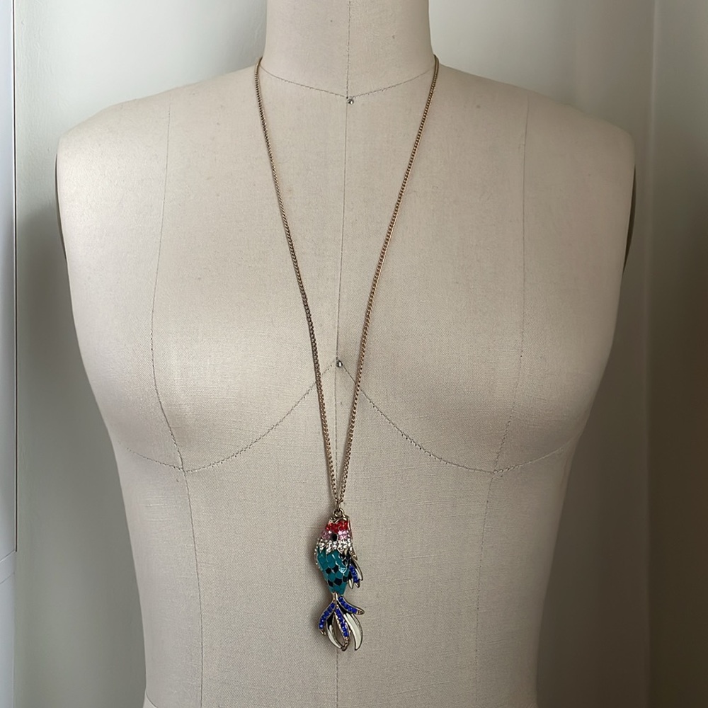 Bedazzled Bright Painted Blue Carp Fish Long Pendant Chain Necklace